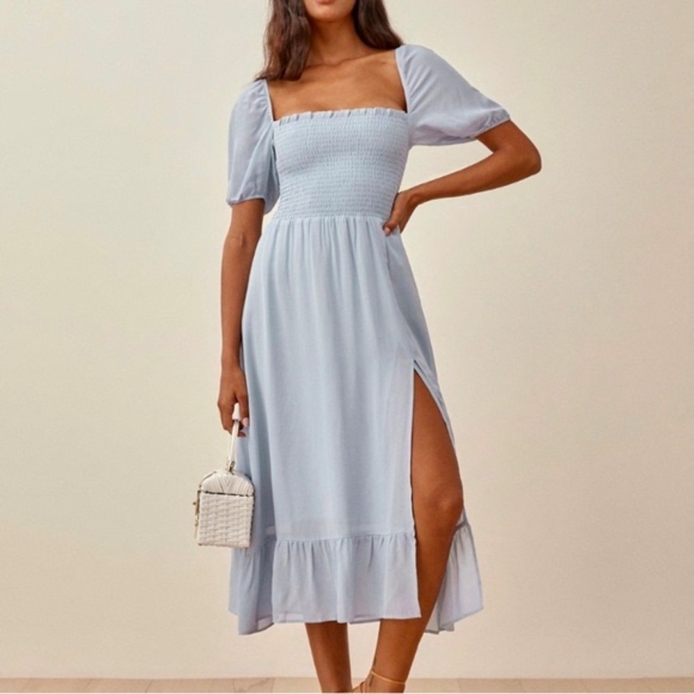 NWT Reformation Meadow Smocked Light Blue Midi Dress with Slit - Picture 1 of 10